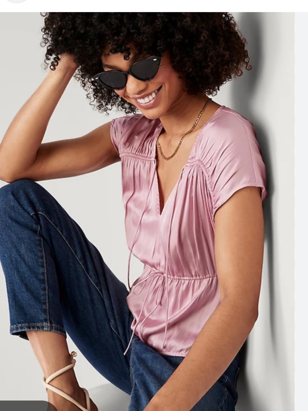 Old Navy Waist Defined Satin Shirred Tie Front Blouse